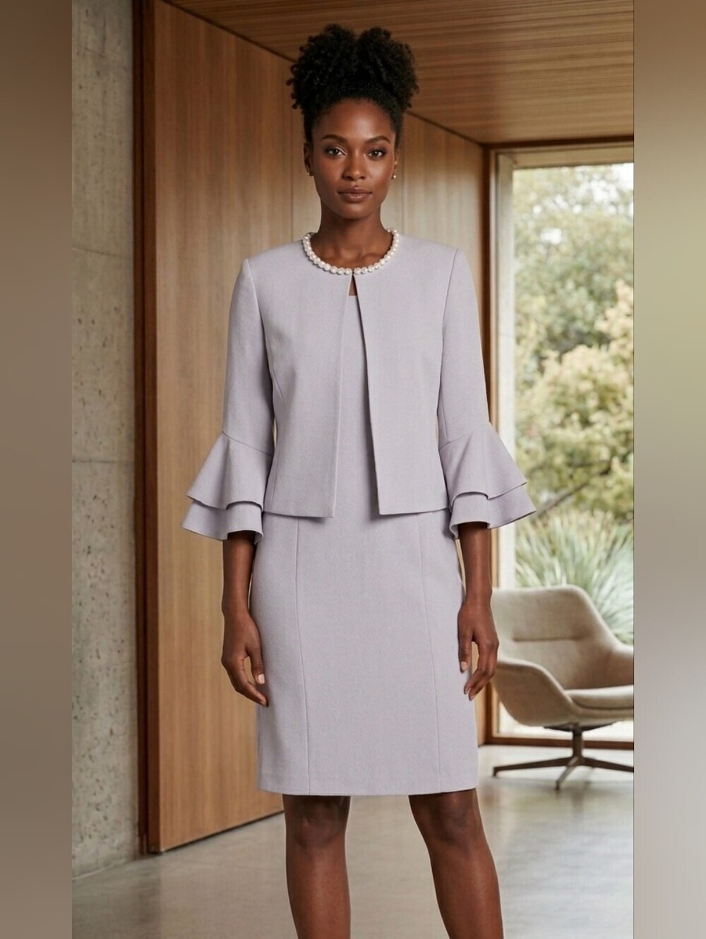 Tahari Pearl Ruffle Dress Jacket Blazer Crepe Suit Set